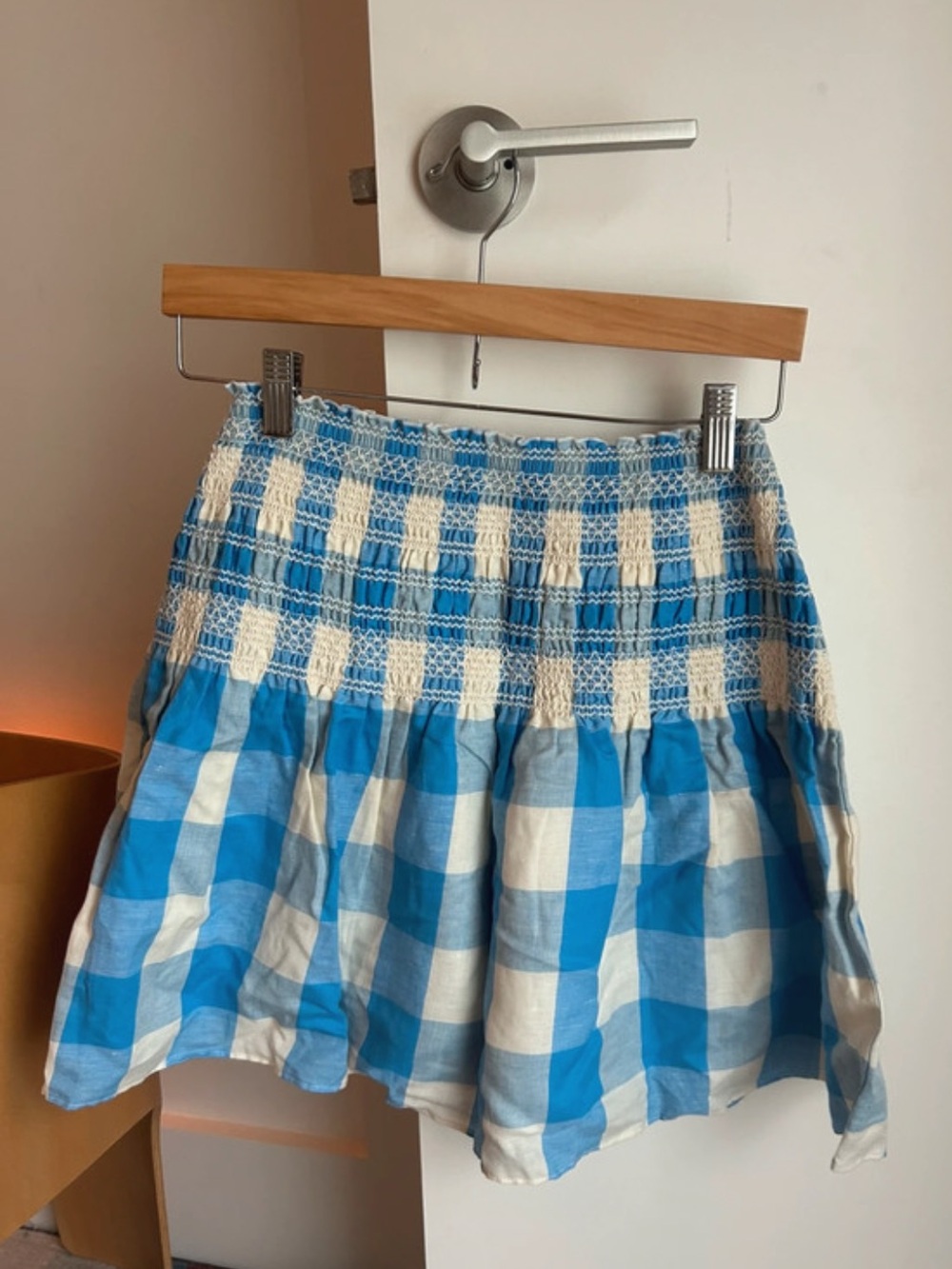 Loeffler Randall Blue and White Gingham Smocked Skirt - Picture 2 of 6